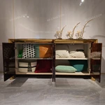 Four-Door Sideboard with High-Gloss Burl Wood Veneer Polished Gold-Finish Stainless Steel Frame and Spacious Shelved Storage